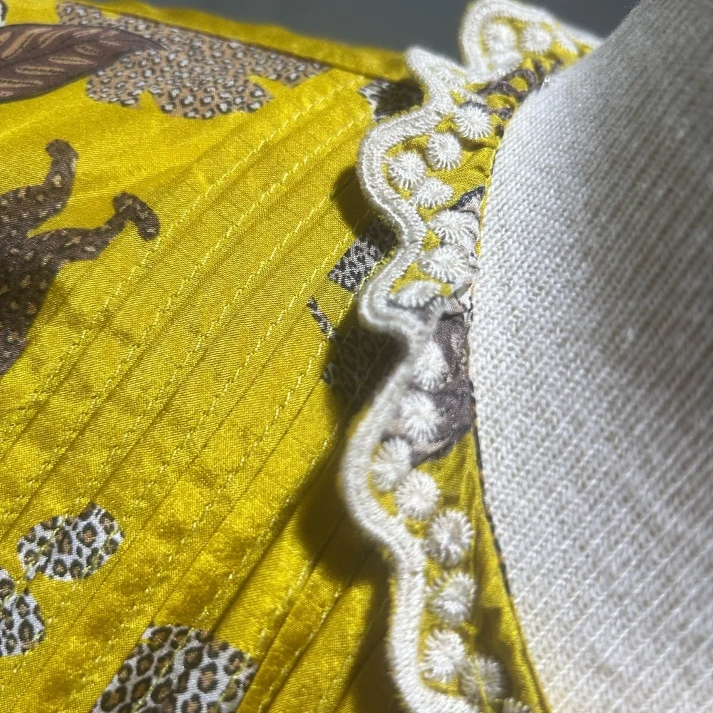 Johnny Was 100% Silk Blouse XXS Yellow Safari Animal Print Pintuck Ruffle Boho - Picture 4 of 8